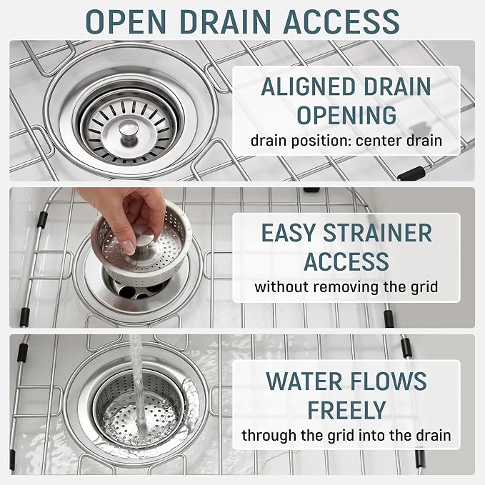Granatan Kitchen Sink Grid 11.26 x 14.5 Inch, Rear-Center Drain | Stainless Steel Protector Rack with Vinyl Feet for Flat Base Basins