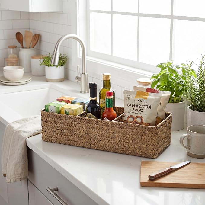 StorageWorks Toilet Paper Basket with Lid, Back of Toilet Baskets, Seagrass | Wicker Basket, Toilet Paper Storage for Back of Toilet Tank, Woven Baskets for Shelves, Wicker Baskets with 3 Compartments