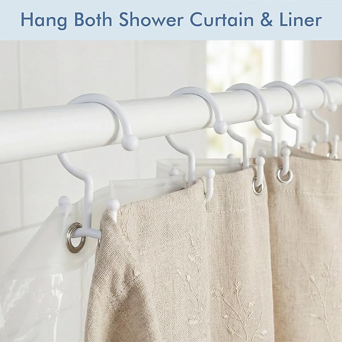Bathway White Plastic Double Shower Curtain Hooks, 12 Bathroom Shower Rings | Hang Both Shower Curtain & Liner, Waterproof, Rust-proof, Sturdy, Durable, Flexible, Multifunctional, Universal, Easy to Use
