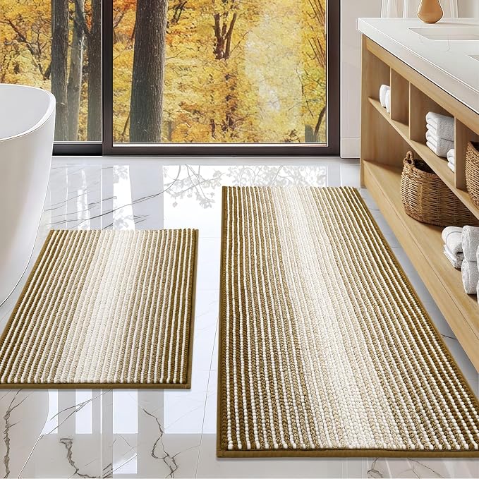 Bathroom Rugs and Mats Sets, 2 Piece Thick Absorbent Chenille Non Slip, Soft Shaggy Bath Room Floor Mats for Bathroom, Machine Washable (Petrified Oak, 20" x 47" Plus 16" x 24")