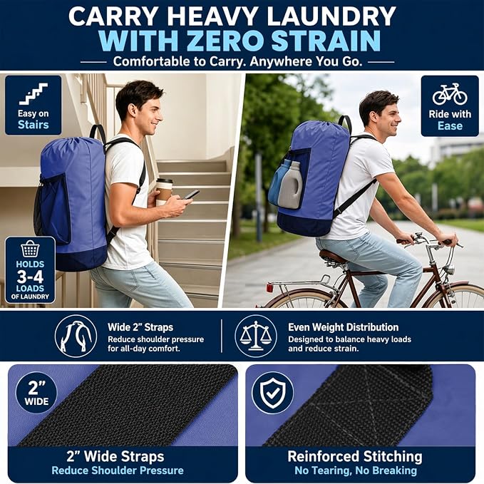 Backpack Laundry Bag, Durable polyster Laundry Backpack Bag with Shoulder Straps, Drawstring Closure & Mesh Pocket, Large Clothes Hamper for Dorm, Travel, Laundromat (Blue)