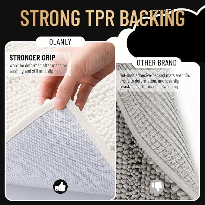 OLANLY Thick Bathroom Runner Rugs 47x17, Soft Chenille Bath Rugs, Ivory | Absorbent Striped, Rubber Backing, Machine Wash, Long Bath Mats for Bathroom Floor, Tub and Shower, Home Decor Accessories