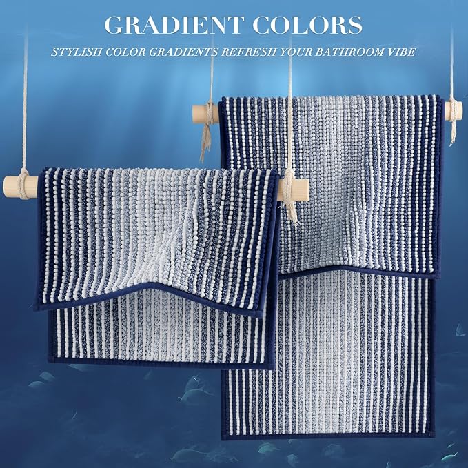 Bathroom Rugs and Mats Sets, 2 Piece Thick Absorbent Chenille Bath Mat Rug Set Non Slip, Soft Shaggy Bath Room Floor Mats for Bathroom, Machine Washable (Navy, 20" x 47" Plus 20" x 32")