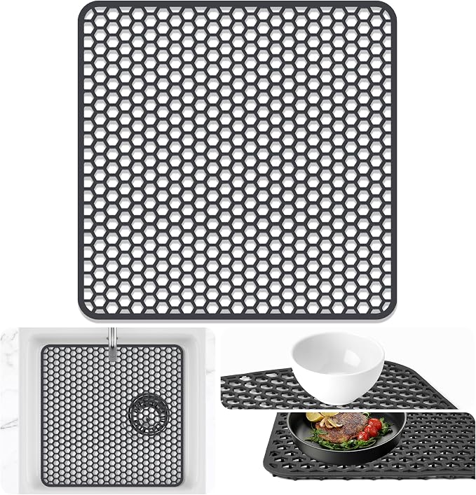 Sink Protectors Mat - 13.58"x13.58" Kitchen Sink Pad for Bottom of Basin for Protection of Stainless Steel and Tableware, Farmhouse Rubber Basin Mat Protector - Dark Gray