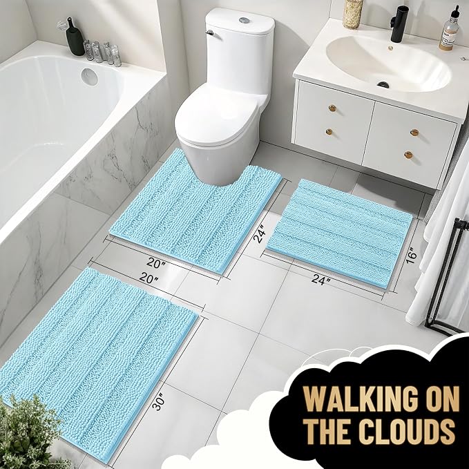 OLANLY Thick Bathroom Rugs 30x20, Soft Chenille Striped Bath Rugs, Sky Blue | Rubber Backing, Machine Wash, Extra Absorbent Bath Mats for Bathroom Floor, Tub and Shower, Home Decor Accessories