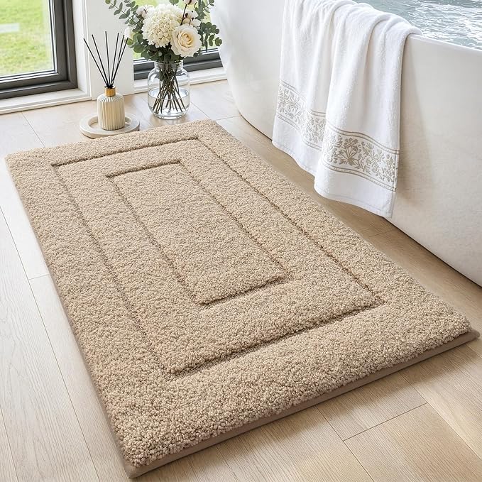 DEXI Bathroom Rugs 32x20, Non-Slip and Absorbent Bath Mat, Beige | Machine Washable, Soft Plush Microfiber Bathmat with Rubber Back, Quick Dry Rug for Shower, Tub, Sink