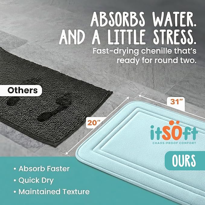 Memory Foam Bath Mat 31x20, Non Slip, Machine Washable, Quick Dry & Absorbent Rugs, Bath Mats for Bathroom Floor, Tub & Shower, Bathroom Rug, Spa Blue