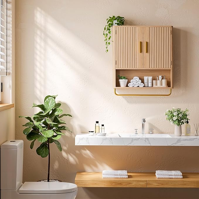 Bathroom Wall Cabinet, Medicine Cabinet with Fluted Door & Adjustable Shelf | Over The Toilet Storage Cabinet with Towel Bar, Space-Saving Cabinet Wall Mount for Laundry Room, Kitchen, Living Room