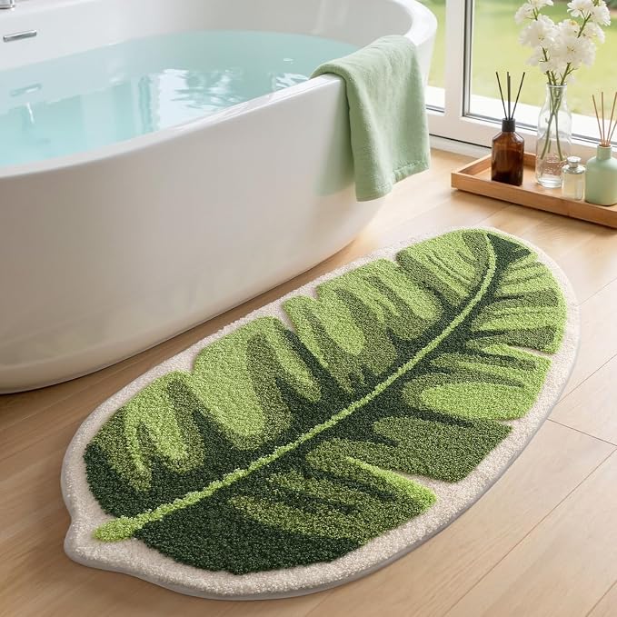 LUMI Cute Bathroom Rug Green Leaf, Absorbent Non Slip Bath Mat, 24"x48" | Palm Leaf Plant, Soft Plush Microfiber, Quick Dry, Washable for Shower Floor, Bathroom, Sink Bathtub, Bedroom, Kids Room
