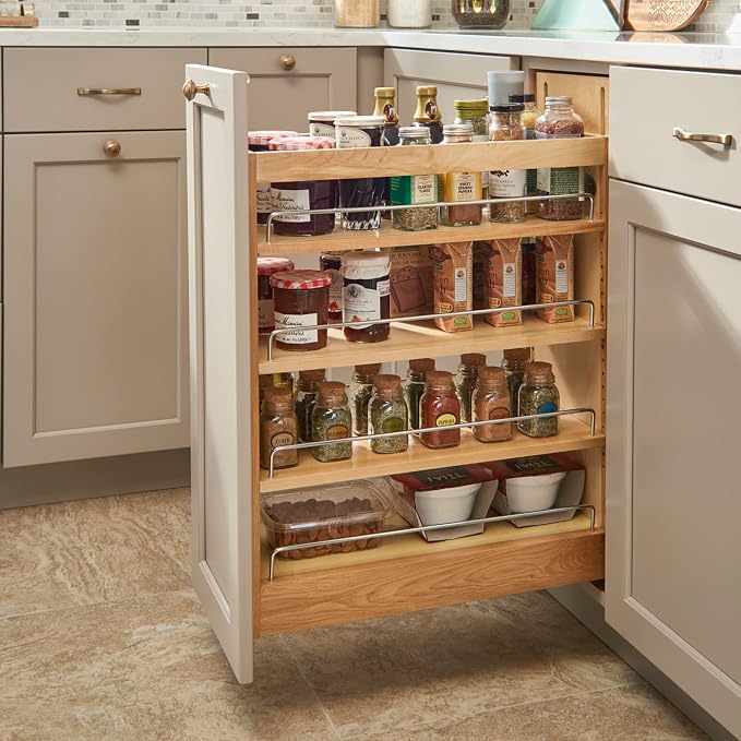 Rev-A-Shelf Maple Pullout Organizer w/Blum Soft-Close for Frameless Full-Height Base Cabinets, Full Extension Slides & Adjustable Shelves, Min Opening Width of 7.5", 448-BCSC-6C