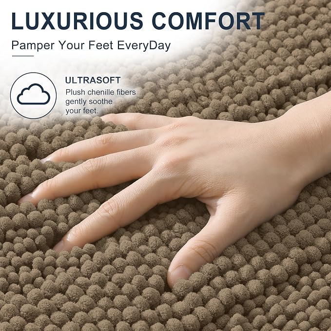 Smiry Thick Small Chenille Bathroom Rugs 24x16, Absorbent Bath Mat, Tan | Quick‑Dry & Machine Washable, Non‑Slip Bath Carpet, Soft Striped Bath Rugs for Tub & Shower, Modern Home Decor Accessories