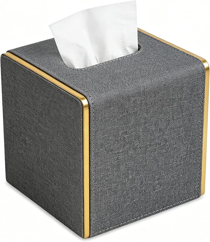PU Leather Square Tissue Box Cover, Linen Tissue Box Holder with Magnetic Closure, Decorative Modern Cube Tissue Box for Bathroom Vanity Countertop Bedroom Office Desk (Gray)