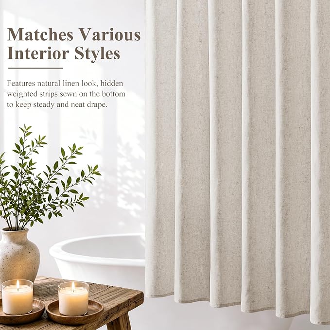 Jowels Apricot Linen Fabric Shower Curtains for Bathroom, 72x72 | Beige Linen Shower Curtains Set, Waterproof Washable Weighted Textile, Metal Hooks, Hotel Boho Farmhouse Bathroom Decor
