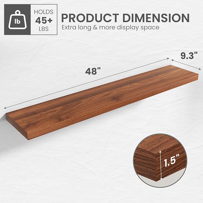 48 in Floating Shelves for Wall Decor Color Walnut,Pack 1 | Modern floating shelves for living room,bedroom,kitchen and bath.Organize & display books,photos and decor.easy mount,sturdy.
