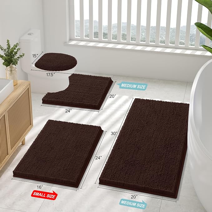Smiry Bathroom Rugs 30X18, Luxury Chenille Extra Soft Absorbent Bath Mat | Brown, Machine Washable Non-Slip Plush Bath Mats for Bathroom, Tub, Shower, and Floor, Home Decor