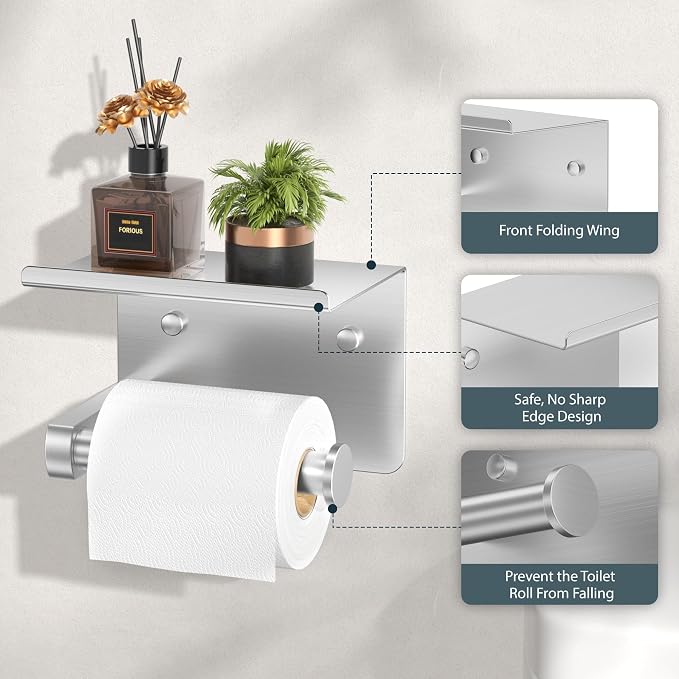 FORIOUS Toilet Paper Holder with Shelf, Adhesive or Screw, 2 Brushed Nickel | Wall Mount Toilet Paper Roll Holder for Bathroom, Stainless Steel Commercial Toilet Tissue Roll Dispenser with Phone Shelf