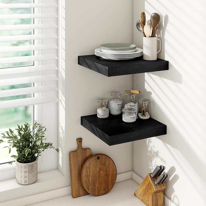 Vivelove Square Floating Shelves 12x12” Set of 2, Black | Easy Install with Hardware, Invisible Brackets, No Sagging, Living Room Display Shelf, 2" Thick，Engineered Wood