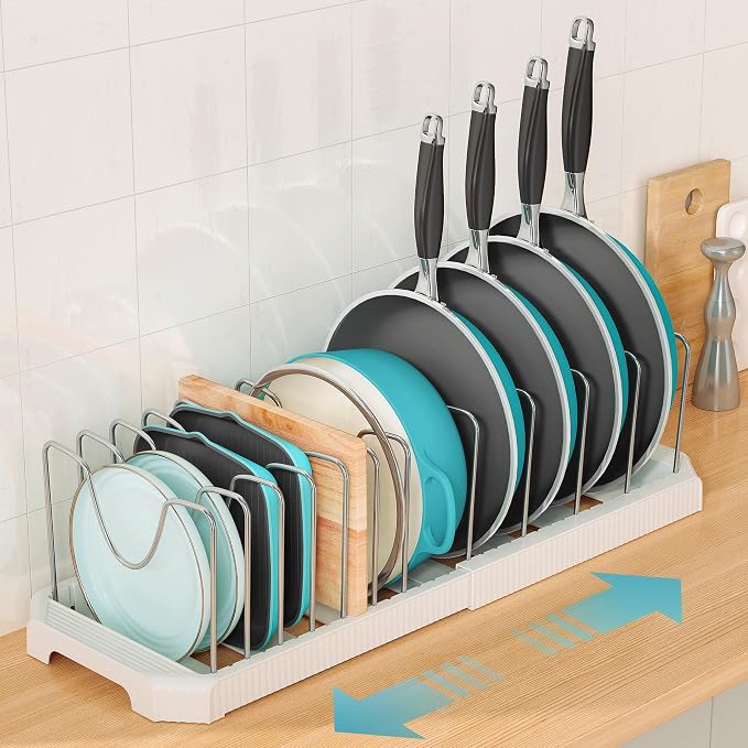 Expandable Pan Organizers Inside Cabinet with 12 Dividers White | Extends 12.9-21.9", Holds cookie sheets, cutting boards, pot lids and pans, iron dividers, plastic base, under cabinet rack