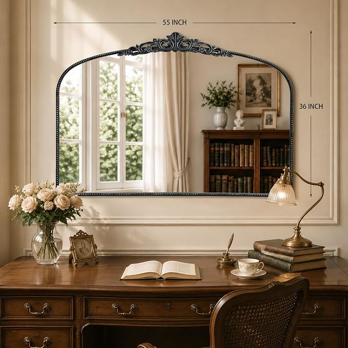 Micasso Oversized Black Arched Mirror: 55"x36" Baroque Vintage Wall Mirror | French Antique Traditional Ornate Decorative for Entryway/Bedroom/Bathroom/Hallway/Fireplace - Home Decor for Living Room