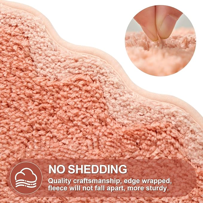 ORTIGIA Cute Coral Pink Scalloped Bath Mat, Fun Plush Microfiber Scallop Bathroom Rugs Non Slip Washable Quick Dry Absorbent, Bath Rug Carpet for Shower Stall Vanities Kitchen Floor Entrance, 17x47