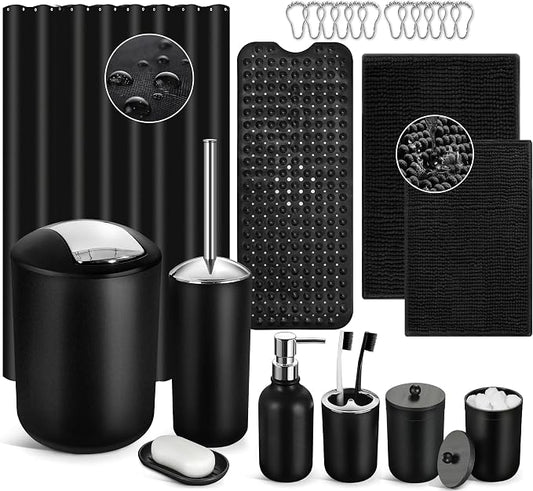 Black Bathroom Accessories Set, 23Pcs Bath Accessory Sets Complete with Bathtub Mat, Shower Curtain Set with Hooks, Soap Dispenser, Toothbrush Holder, Qtip Holder, Trash Can, Toilet Brush