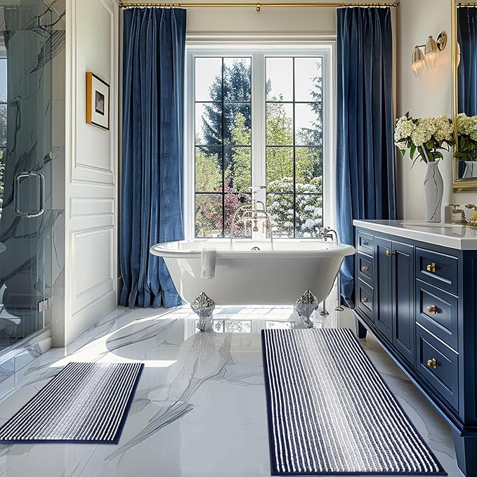 Bathroom Rugs and Mats Sets, 2 Piece Thick Absorbent Chenille Bath Mat Rug Set Non Slip, Soft Shaggy Bath Room Floor Mats for Bathroom, Machine Washable (Navy, 20" x 47" Plus 20" x 32")