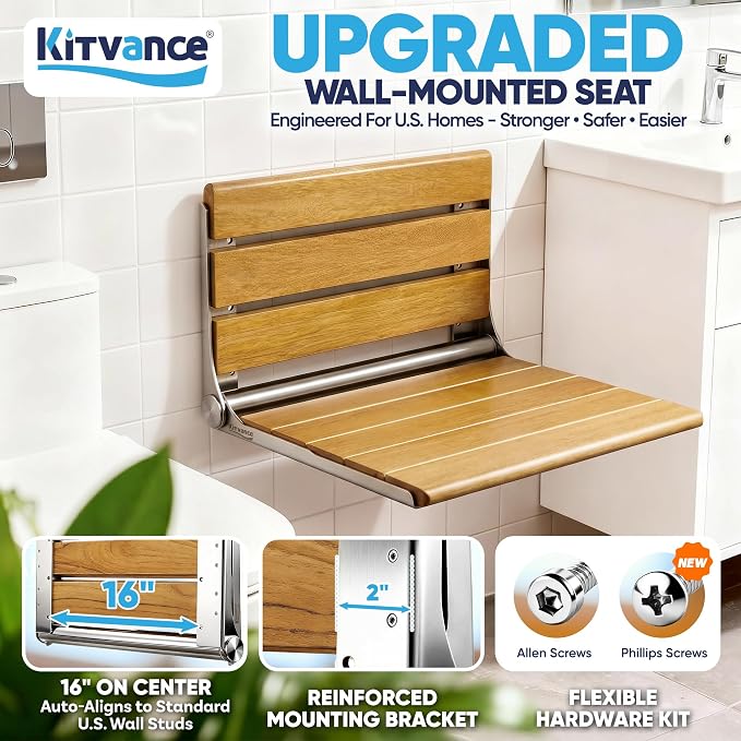 [Upgraded Version] 20" Folding Teak Shower Seat Wall Mounted- Shower Bench for Inside Shower, ADA Compliant Teak Shower Seat Wall Mounted Bench Bathroom Stool, Folding Bathtub Shower Seat for Elderly