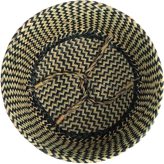 Woven Seagrass Belly Basket for Storage, Plant Pot, Picnic and Grocery Basket (Large, Black Strips)