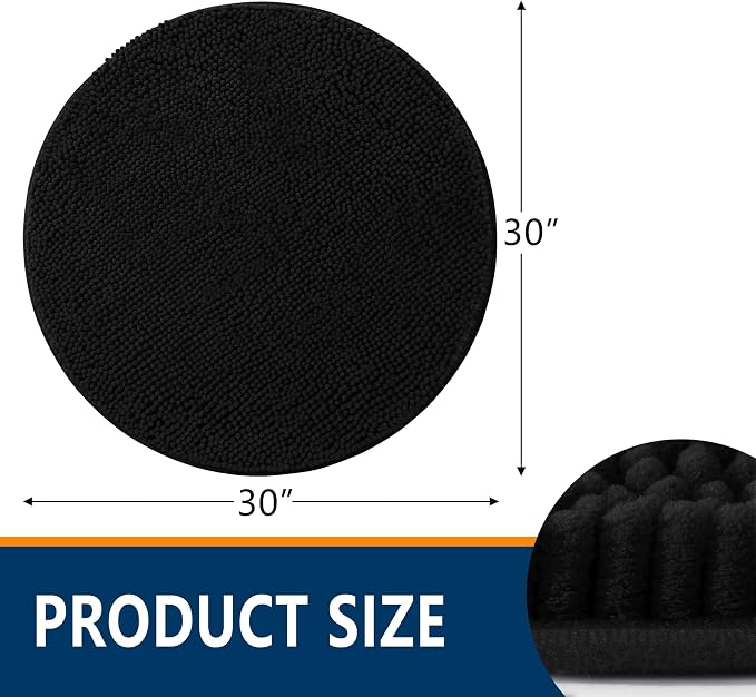 Smiry Round Bathroom Rugs 30X30, Chenille Extra Soft Absorbent Bath Mat | Black, Machine Washable Non-Slip Plush Bath Mats for Bathroom, Tub, Shower, and Floor, Home Decor