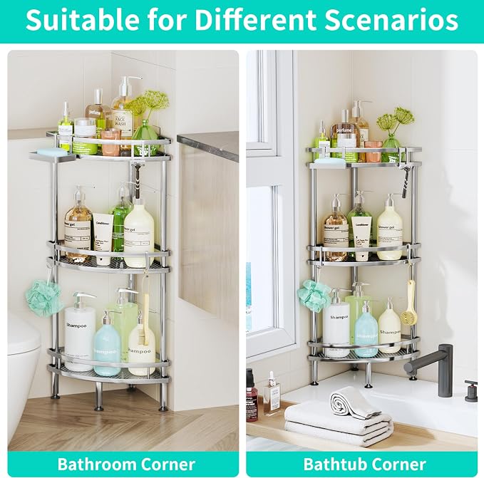 HapiRm Standing Corner Shower Caddy - 3 Tier Shower Organizer Corner with Soap Holder and 4 Hooks, Rustproof Bathroom Storage Shelves with Adhesives, Silver