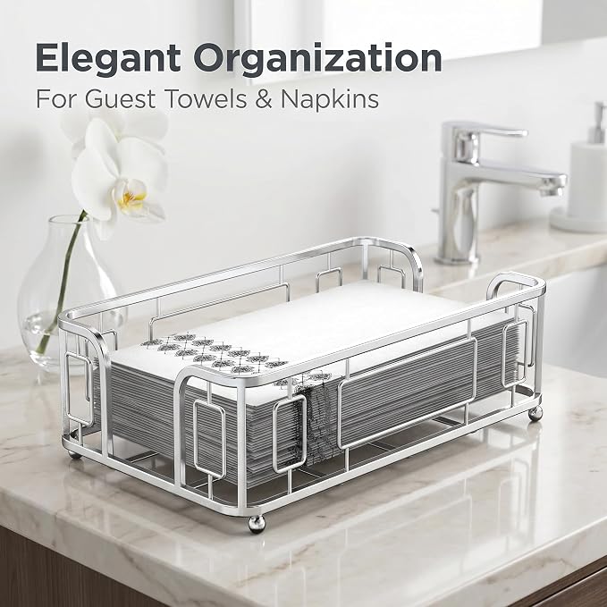 Guest Towel Holder Tray for Bathroom Countertop, Silver Metal | Guest Bathroom, Powder Room & Vanity Use