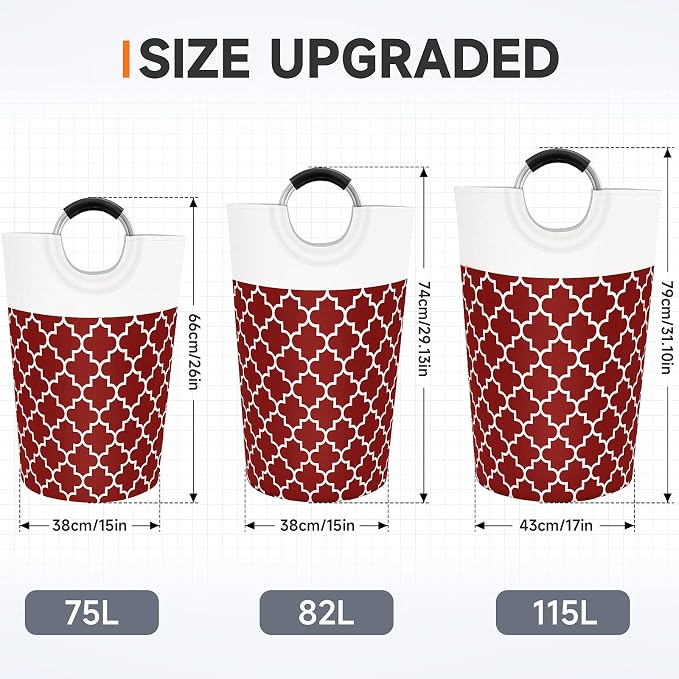 Large Laundry Basket Laundry Hamper Bag Washing Bin Clothes Bag Collapsible Tall with Handles Waterproof Travel Bathroom College Essentials Storage for College Dorm, Family (Red) 75L | Freestanding Laundry Hamper, Waterproof Dirty Clothes Storage Bag f...
