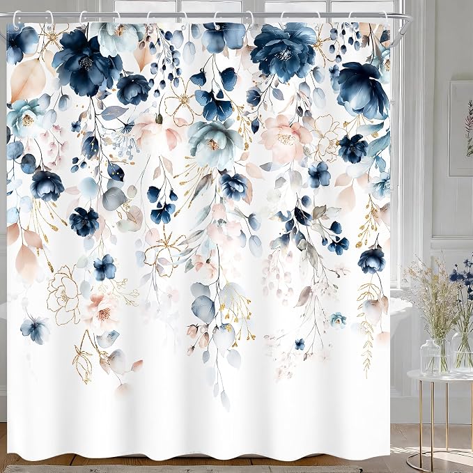 Blue Pink Floral Extra Long Rustic Bathroom Shower Curtain Set | 72"W x 84"L Boho Wildflower style, clear shower print, fast-dry fabric and hooks for a simple bath update.