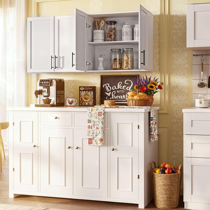 Furnaza 48" W Wall Cabinets for Laundry Room with Adjustable Shelf | White Upper Kitchen Wall Mounted Cabinets With Two Shaker Doors for Bathroom,Garage,12"D x 22"H,Floating Hanging Storage