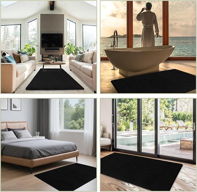 Bathroom Rugs 36 x 60 Inch – Extra Large Bath Mat | Absorbent and Washable Thick Chenille Bath Rugs Non-Slip Runner Rug for Bathroom, Shower, Tub(Black)