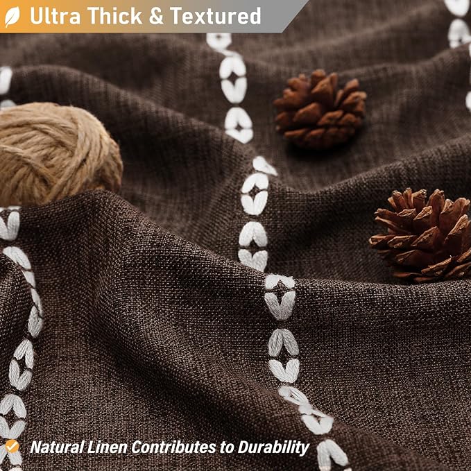 72x96 Extra Long Boho Linen Heavy Duty Cloth Shower Curtain Set, Brown | Extra Tall Size, 330GSM Linen Blend, Water Repellent, Vintage Striped Fabric, 12 Hooks, Rustic Country, Machine Washable