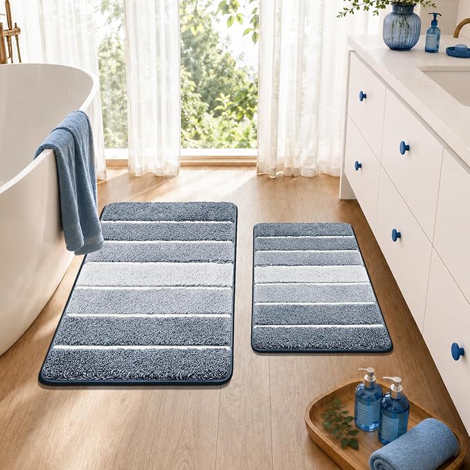 COSY HOMEER Bathroom Rugs 30x20, Ultra Soft Absorbent Bath Mat | Non-Slip TPR Backing Stays in Place, Machine Washable Bath Rug Shaggy Rug for Bathroom Floor, Dark Blue & White