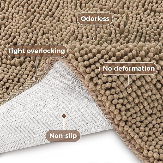 Bcoimo Bath Rugs Mat Set,2 Piece Non Slip Chenille Latte Bathroom Mat Sets | Extra Soft 24x17 Bathroom Rug;Non Slip with Rubber Back Bath Mat;High Absorbent And Quick Dry Microfiber mat;Machine Washable