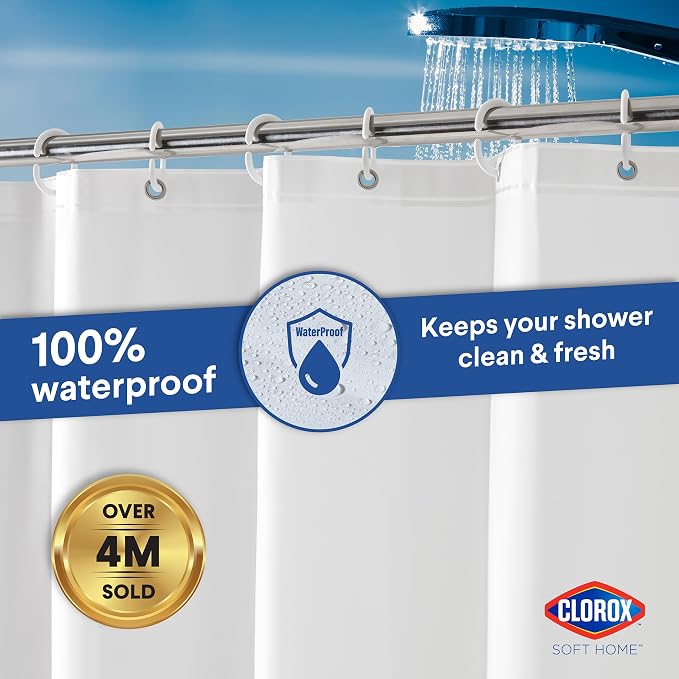 Clorox Shower Curtain Liner & Hooks, Premium Lightweight Flexible Waterproof 4g PEVA for Bathroom with Weighted Magnets, Standard Size 70" x 72", White 1 Pack