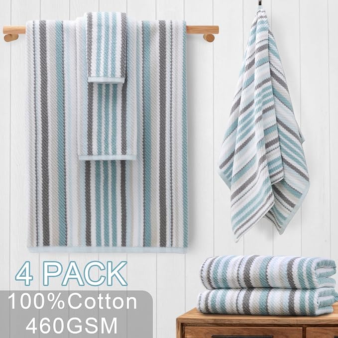 VOOVA & MOVAS Aqua Bath Towels 4 Pack, 100% Cotton, 28x52 in, Striped | Ideal for Shower and Daily Bathing, Lightweight, Super Soft, Highly Absorbent, Quick Dry, Bath Towels with Hanging Loops