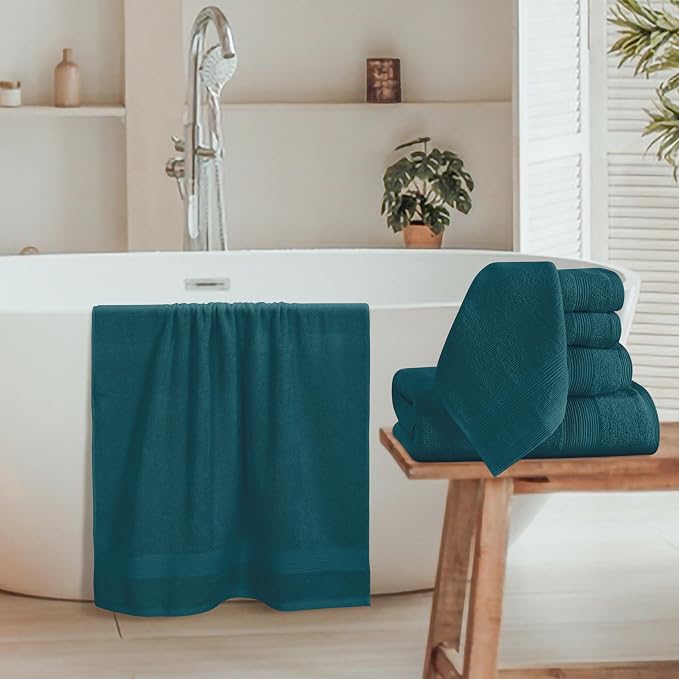 8 Piece Towel Set 100% Ring Spun Cotton, 2 Bath Towels 27x54, 2 Hand Towels 16x28 and 4 Washcloths 13x13 - Ultra Soft Highly Absorbent Machine Washable Hotel Spa Quality - Teal