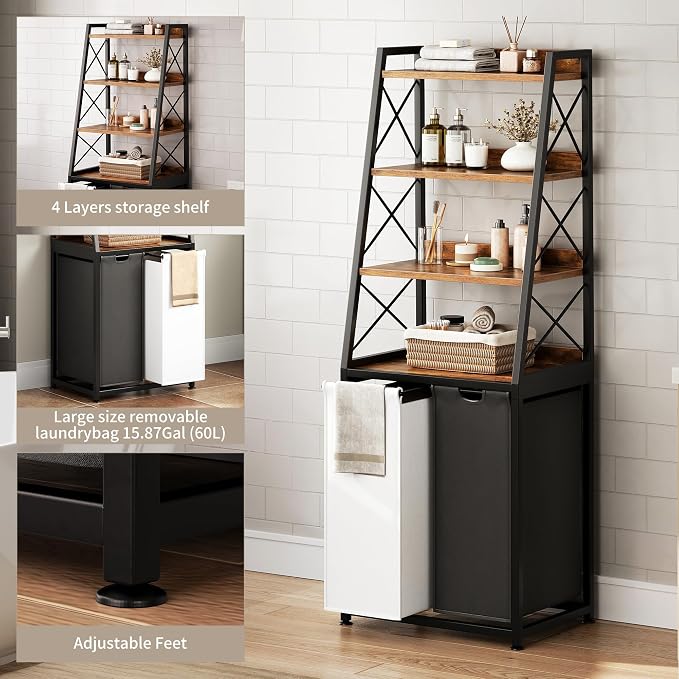 Herture Laundry Basket, 2 Section Laundry Hamper with 4 Tiers Shelf, Pull-Out and Removable Laundry Bags, Large 2 x 15.87 Gallons, for Bedroom Bathroom Rustic Brown PF11XLN