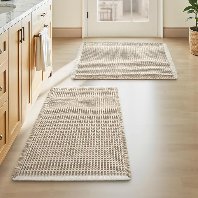 Upgraded Waffle Bath Mats Set of 2, Super Absorbent Non Slip Bath Mats for Bathroom Floor, Washable Boho Bathroom Rugs Set 2 Piece with Tassels, Soft Bathroom Mat Set, 17" x 24" (2 Pack), Brown Cream