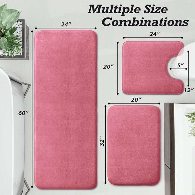 Bathroom Rugs Sets 3 Piece, Non-Slip & Quick Dry Bath Mat Set, Ultra Soft Velvet Bath Rugs for Bathroom, Toilet and Shower Floor, Pink