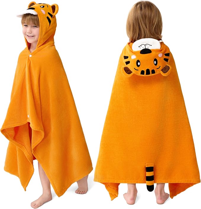 Joiedomi Hooded Towel for Kids Soft 100% Cotton Bath Beach Towel 30" x 50" for Kids 3-8 Years Toddler Pool Poncho with Hood Absorbent Swim Wrap for Boys Girls Yellow Tiger