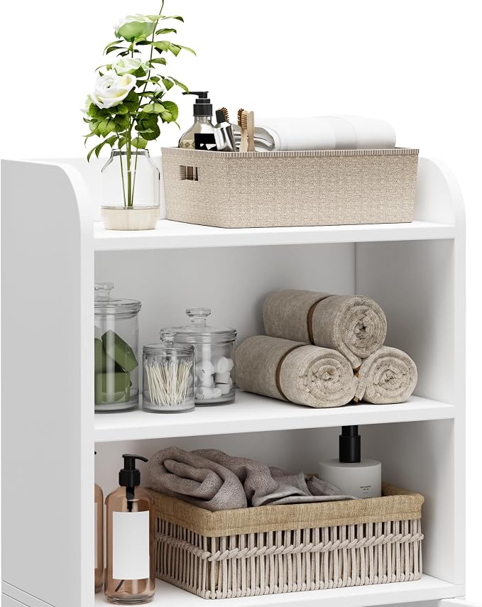 Homhedy Small Bathroom Storage Cabinet, Toilet Paper Storage Cabinet | Bathroom Floor Cabinet with Doors and Shelves, Bathroom Organizers for Small Spaces, 7.9" D x 14.6" W x 31" H, White