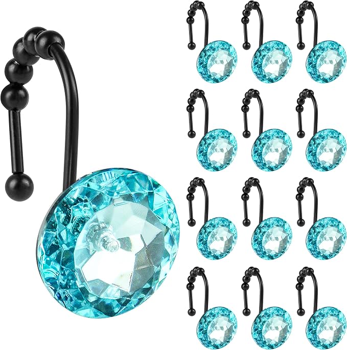 Sunlit Luxury Design Round Teal Blue Diamond Crystal Gem Bling with Glide Balls Shower Curtain Hooks, Rust Proof Metal Rhinestones Glam Shower Curtain Rings with Black Hooks, Set of 12