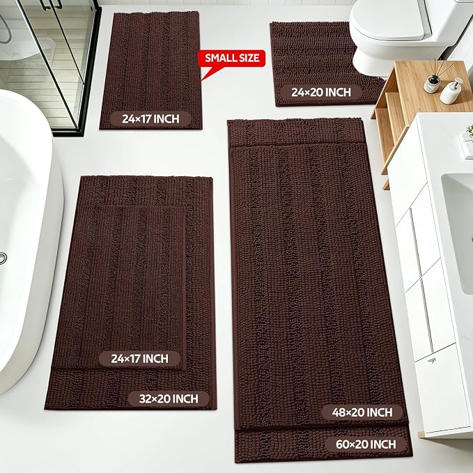 Striped Brown Bathroom Rug Set 3 Pieces Ultra Soft, Non Slip Chenille Toilet Mat, Absorbent Plush Shaggy Bath Mats for Bathroom, Bedroom, Kitchen