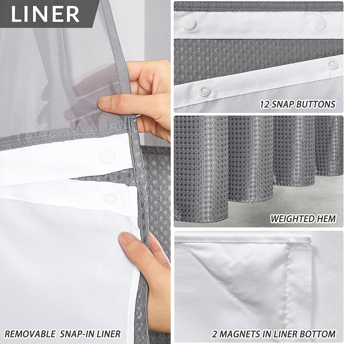 Furlinic No Hook Waffle Weave Shower Curtain with Snap in Fabric Liner,Honeycomb Textured Bathroom Curtains with See Through Top Window,Waterproof & Machine Washable,Light Grey,71x78 Inch