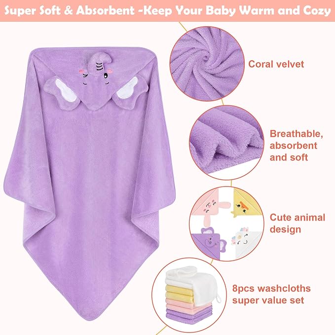 12 PCS Baby Bath Towels Set, Baby Towels for Newborn Bath Essentials Gifts | Animal Hooded, Thick Soft Absorbent, 4 Baby Towels & 8 Washcloths for Girl Boy Toddlers (Elephant, Unicorn, Duck, Rabbit)